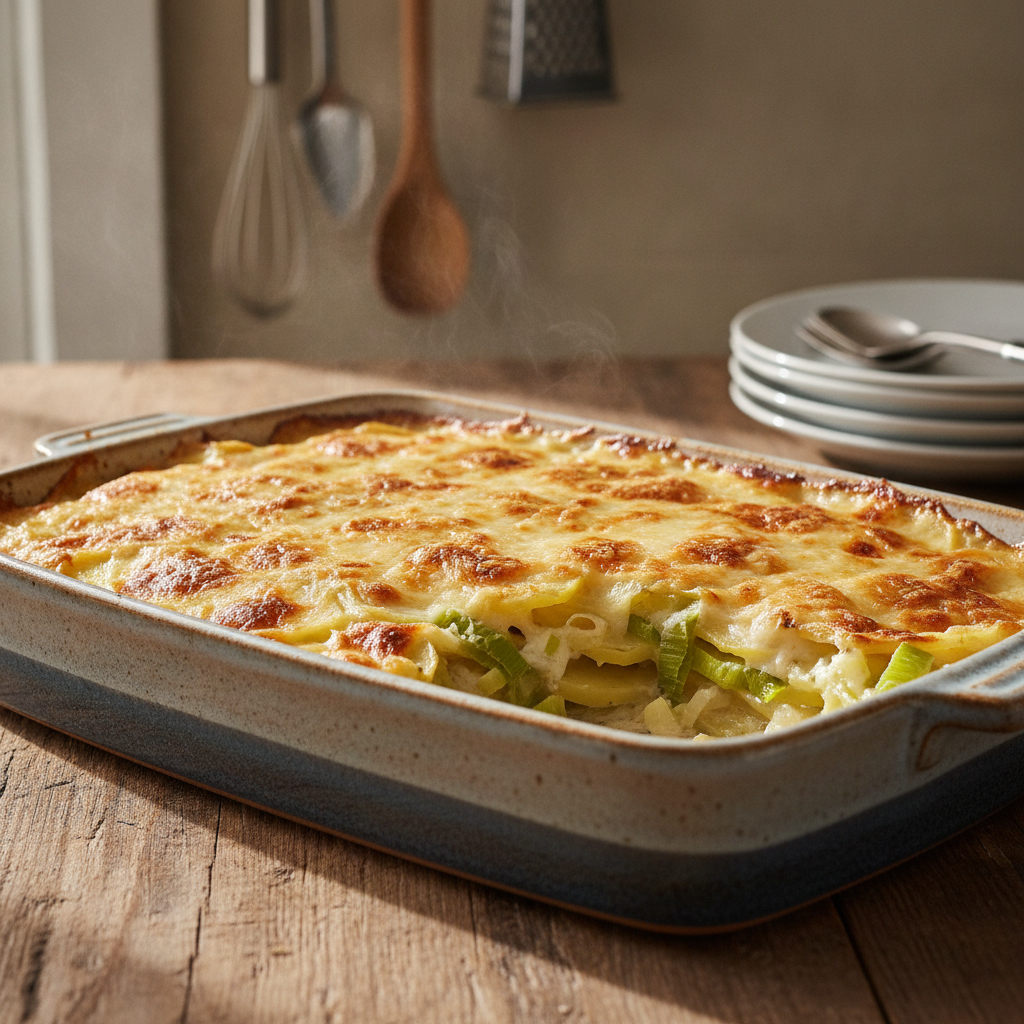 Härdöpfel-Lauch-Gratin: S eifache Rezept ohni Vorkoche